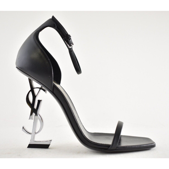 Saint Laurent Opyum 110 Black Leather Silver YSL Logo Strap Sandal Heel Pump 37 - Picture 2 of 11
